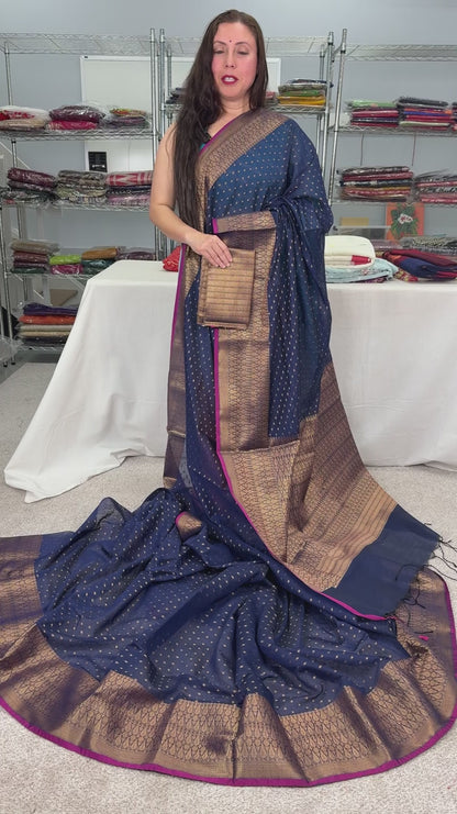Blended Soft Cotton Silk Banarasi Saree in Dark Blue and Antique Gold