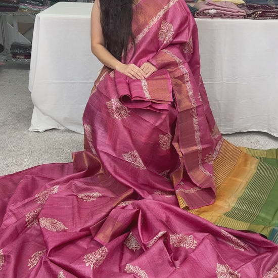 Video of Bela: Hand Block Printed Pink Tussar Silk Saree with Tri-Color Pallu