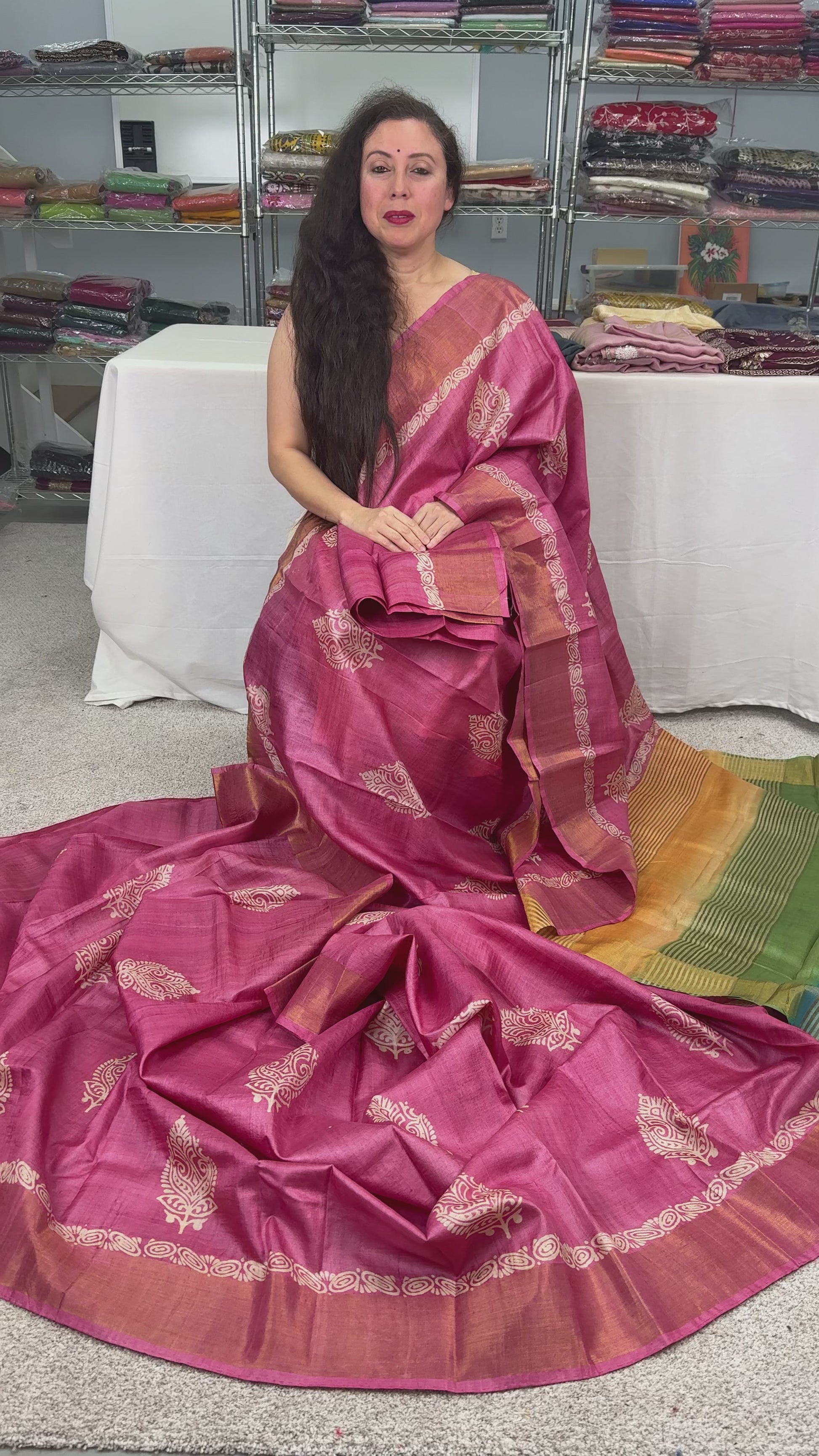 Video of Bela: Hand Block Printed Pink Tussar Silk Saree with Tri-Color Pallu