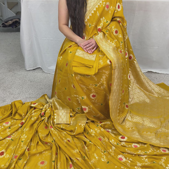 Video of ra: Muga Tussar Banarasi Silk Saree | Floral Woven Design | Silk Mark Certified.