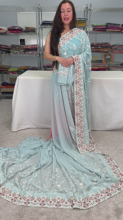 Siya : Cloud Gray Designer Georgette Embroidery Saree