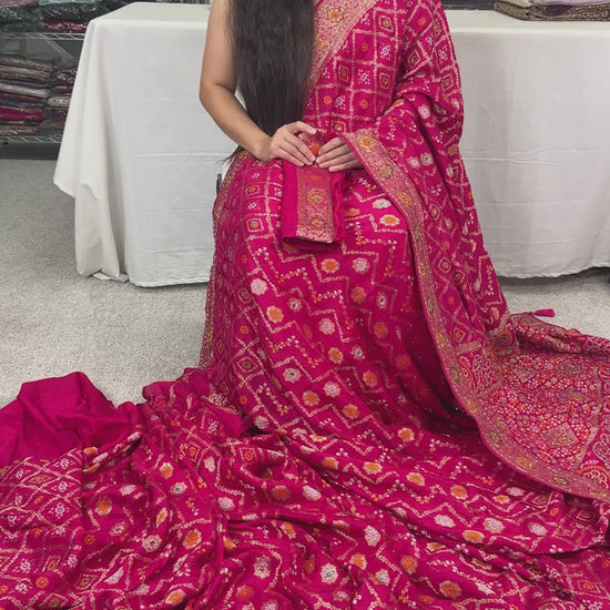 Video of Dark Pink Hand Embroidery Soft Dola Silk Banarasi Saree.