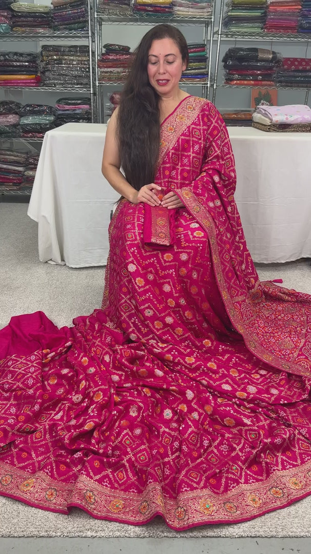 Video of Dark Pink Hand Embroidery Soft Dola Silk Banarasi Saree.