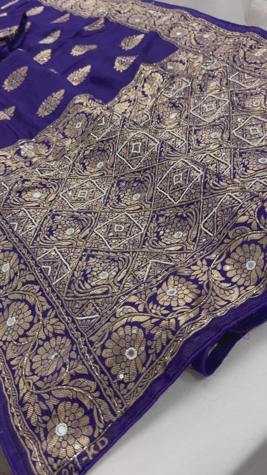 Video of Mayuri : Hand Embroidery Soft Dola Silk Banarasi Saree in Bluish Purple