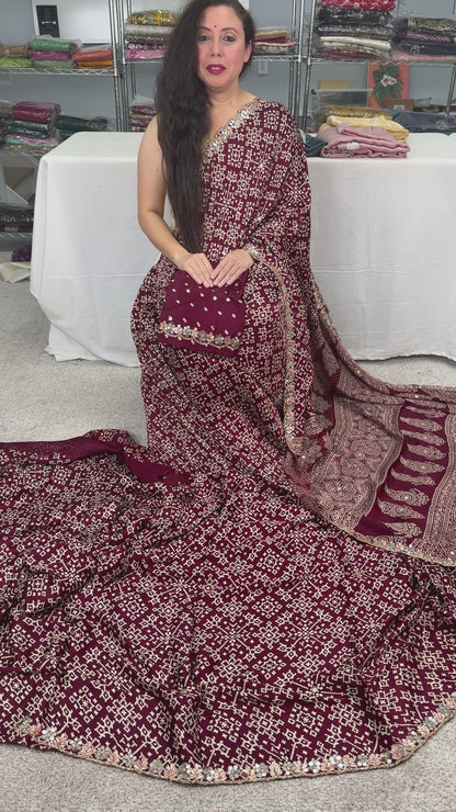 Video of Aarthy : Maroon Modal Silk Ajrakh Saree with Hand Embroidery Work