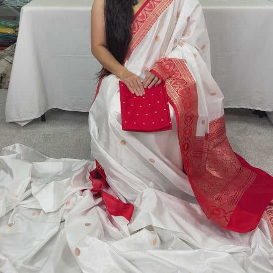 Video of White and Red Handwoven Katan Silk Banarasi Saree.