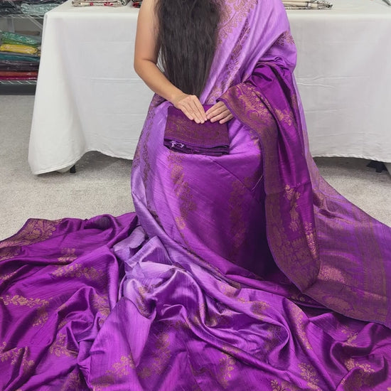 Video of Mauve and purple ombre raw silk handloom Banarasi saree.