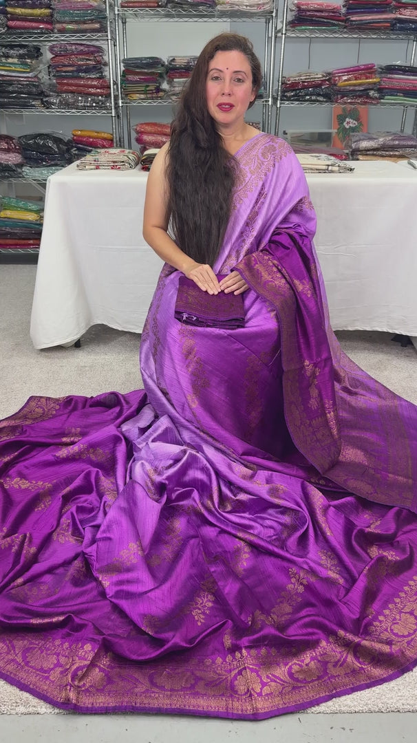 Video of Mauve and purple ombre raw silk handloom Banarasi saree.