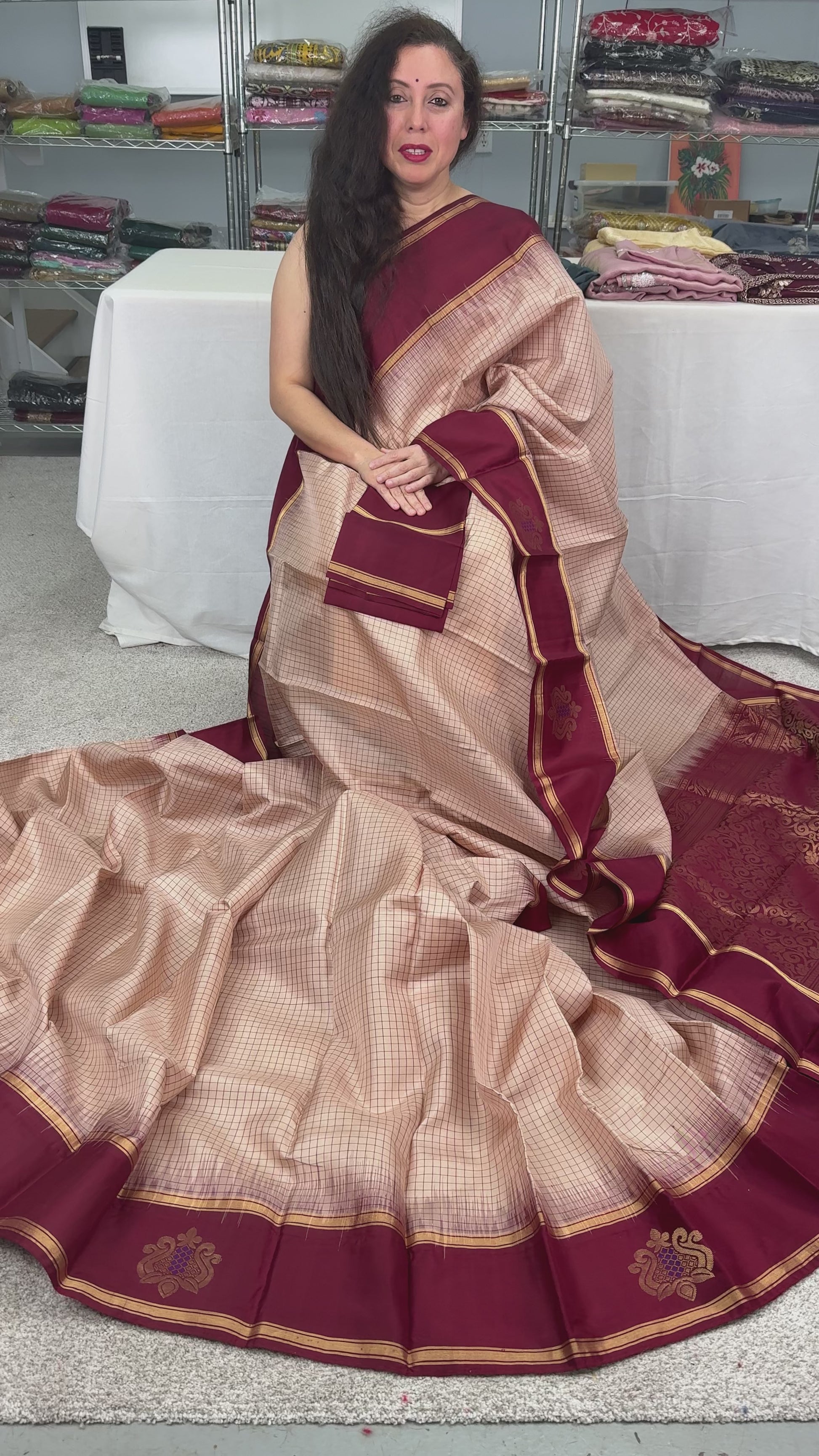 Video of Latha : Silk Mark Certified Cream and Red Checks Kanjeevaram Silk Saree