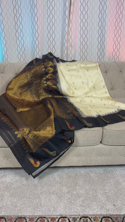 Silk Mark Certified Cream and Black Paithani Gadwal Silk Saree