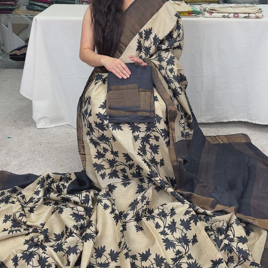 Video of Mira : Printed Tussar Silk Saree in Cream and Black