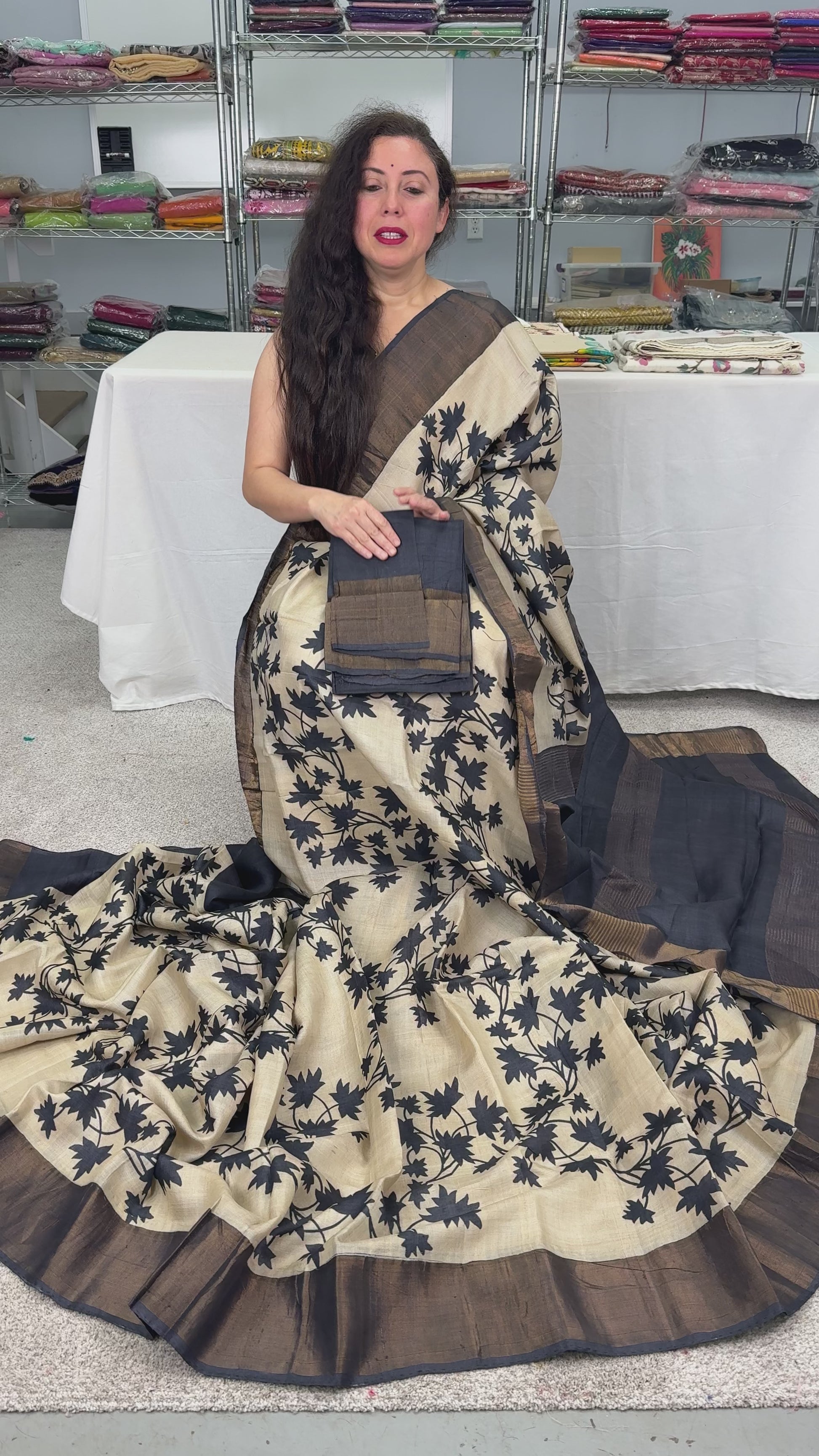 Video of Mira : Printed Tussar Silk Saree in Cream and Black