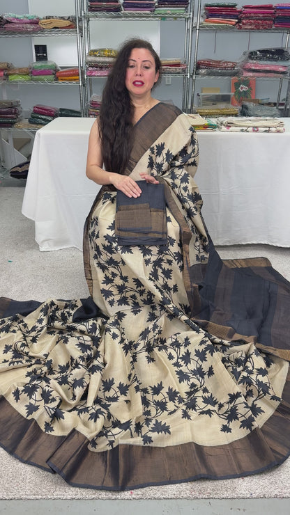 Video of Mira : Printed Tussar Silk Saree in Cream and Black
