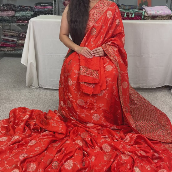 Video of Orange and Gold Dola Silk Banarasi Saree – with Hand Embroidery.