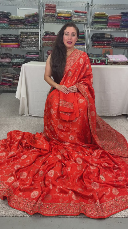 Video of Orange and Gold Dola Silk Banarasi Saree – with Hand Embroidery.