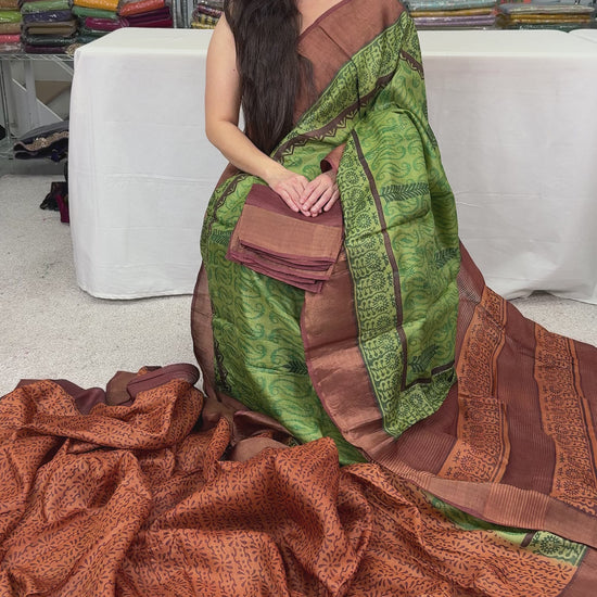 Video of Hand Block Printed Tussar Silk Saree in Half and Half Design.