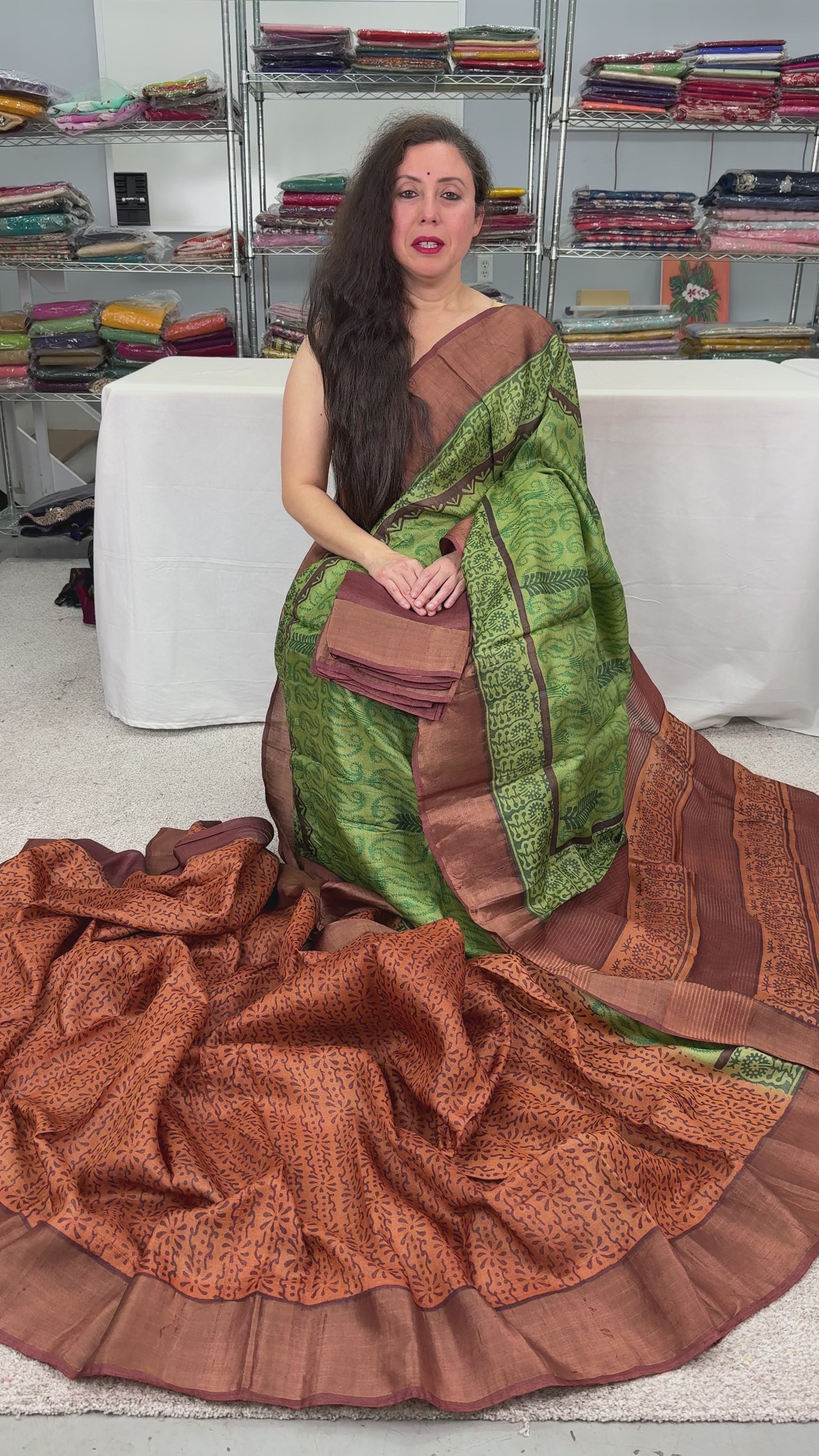 Video of Hand Block Printed Tussar Silk Saree in Half and Half Design.