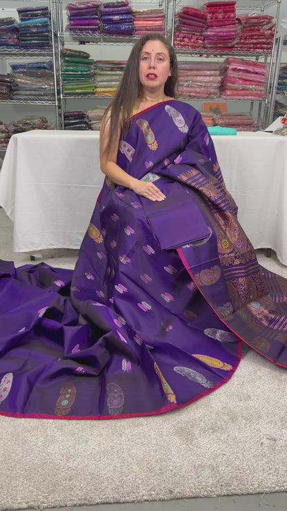 Paisley Border Silk Mark Certified Purple Gadwal Silk Saree