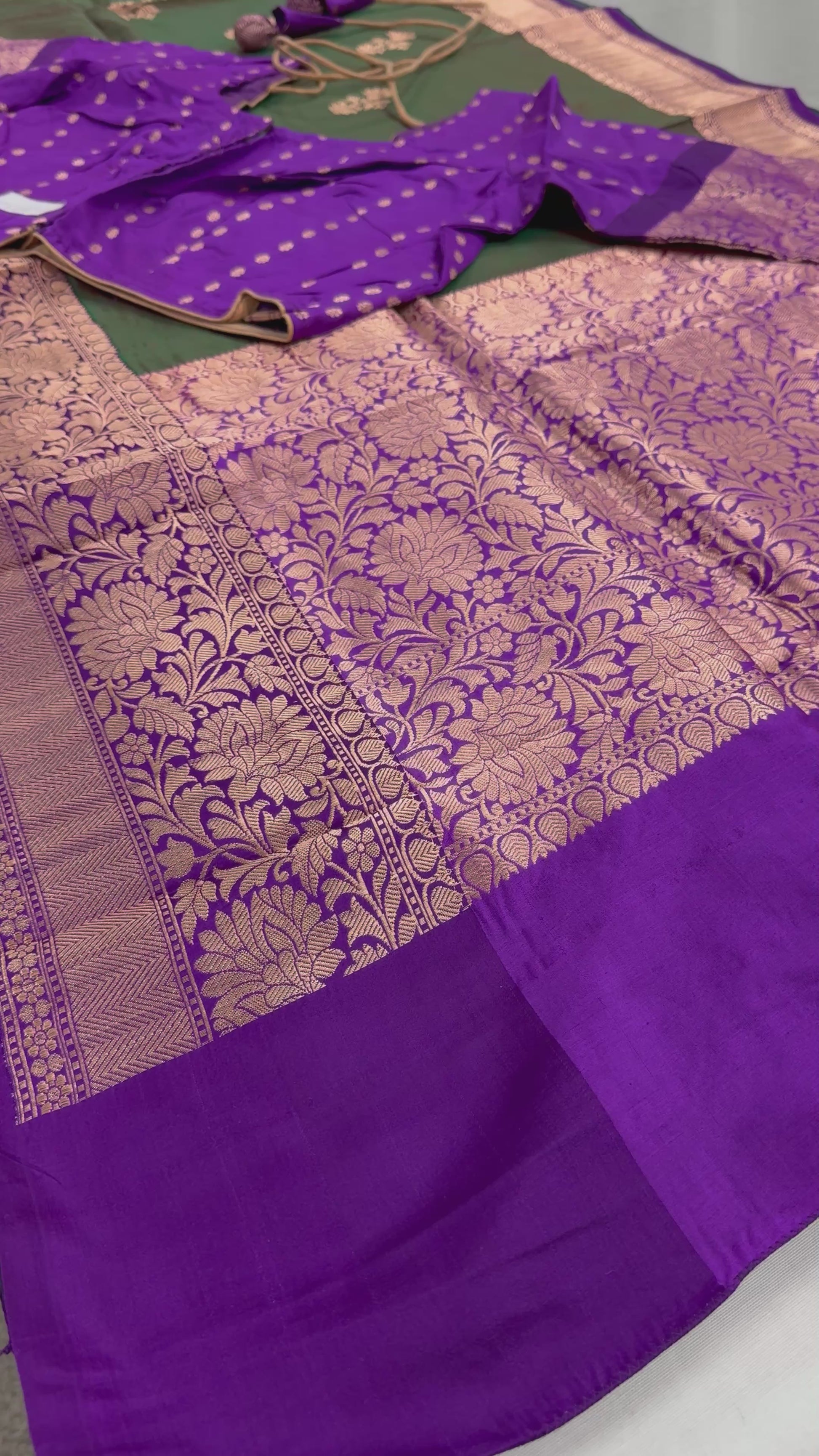 Video of Green Banarasi Silk Saree with 38 Size Stitched Blouse - Indian Wedding Saree.