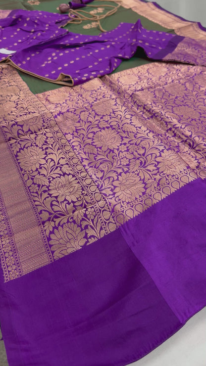 Video of Green Banarasi Silk Saree with 38 Size Stitched Blouse - Indian Wedding Saree.