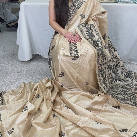 Video of Hand-Painted Madhubani Tussar Silk Saree | Fish Motif | Beige & Black.