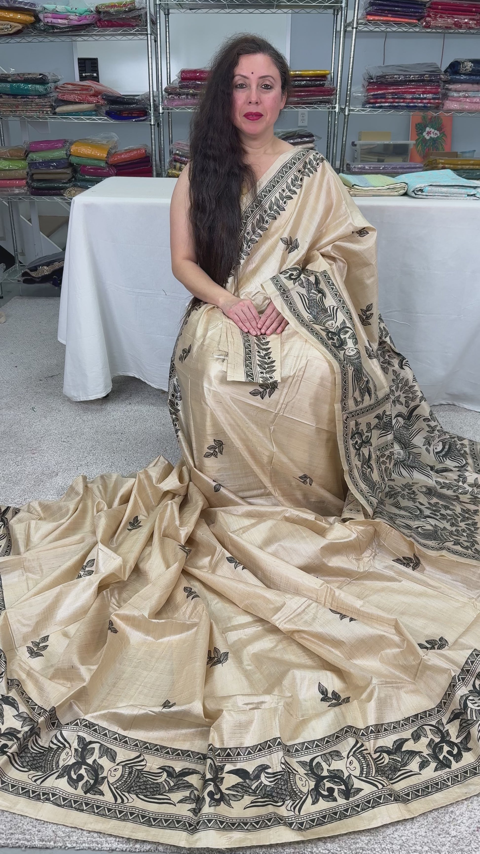 Video of Hand-Painted Madhubani Tussar Silk Saree | Fish Motif | Beige & Black.