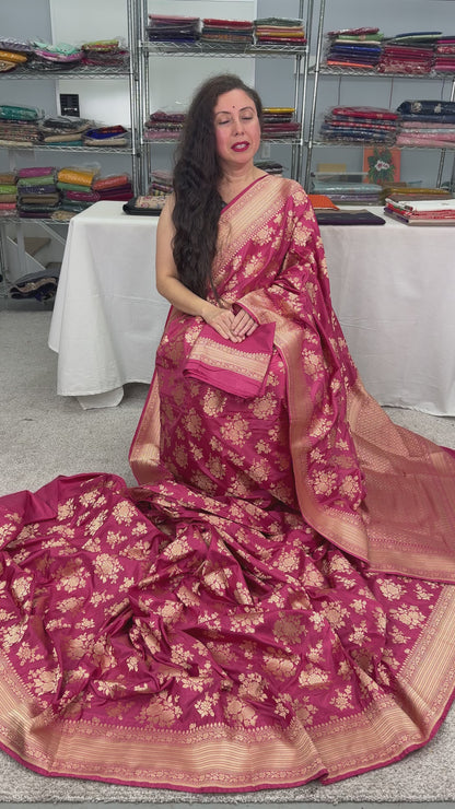 video of Silk Mark Certified Dusty Pink Bridal Banarasi Silk Saree.