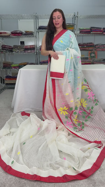 Balaka: White & Red Bengal Linen-Cotton Saree | Traditional Lal-Par Saree