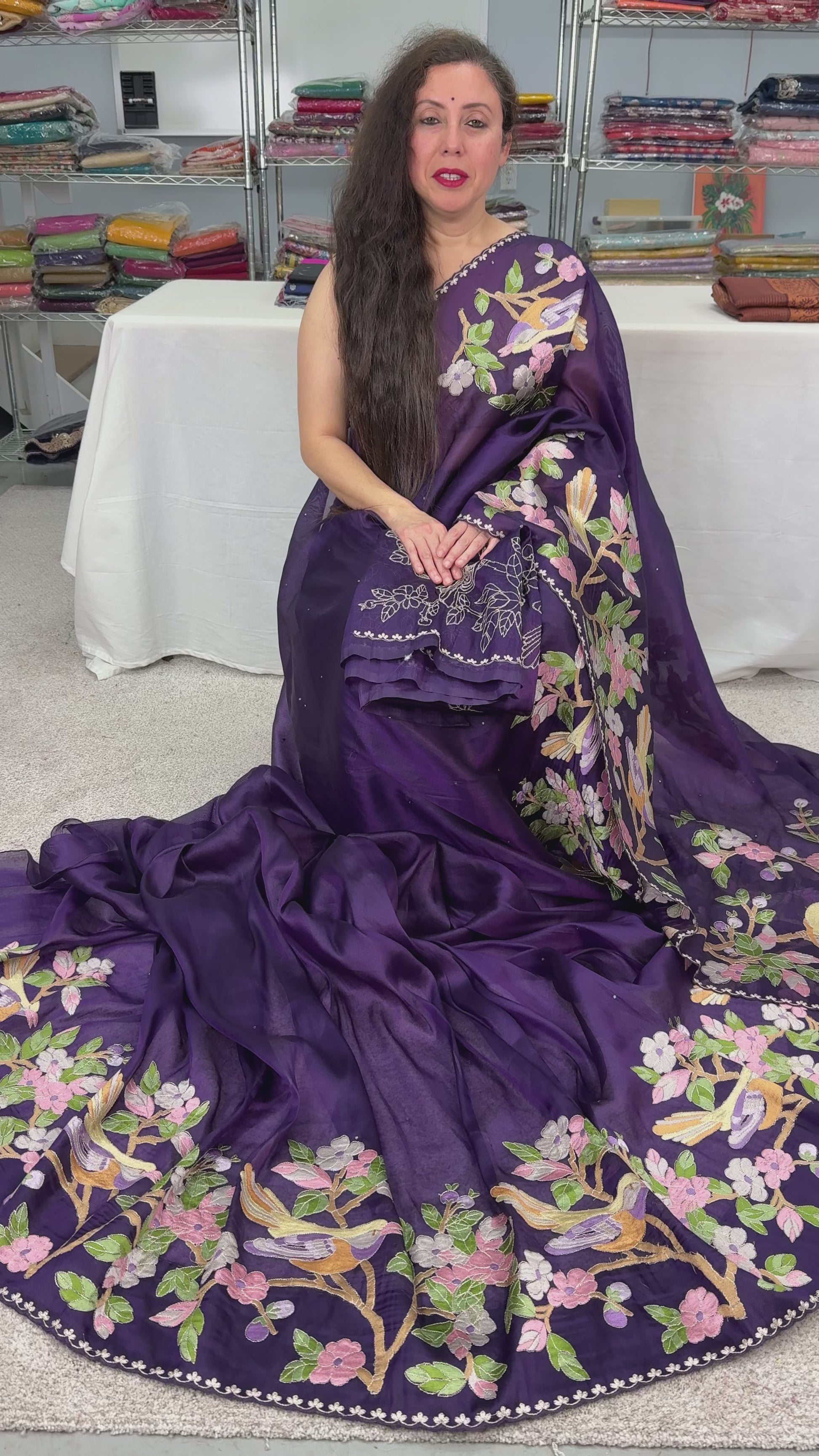 Video of Embroidery Designer Organza Saree in Purple.