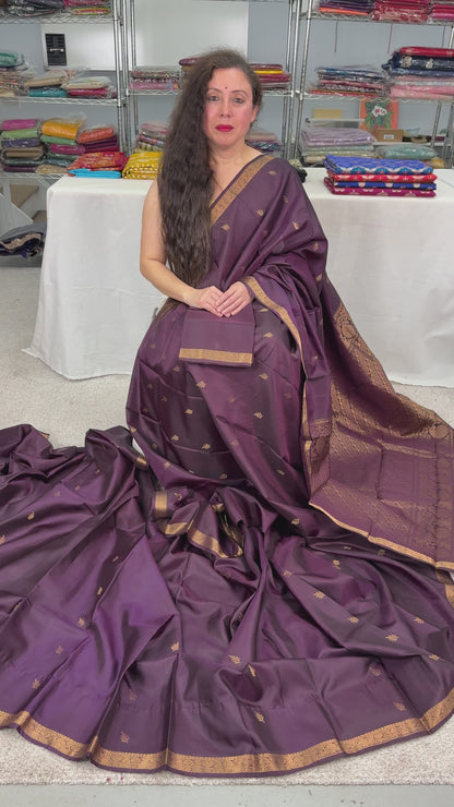 video of Coffee Brown Pure Kanjivaram Silk Saree | Small Gold Border | Silk Mark.