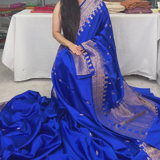 Video of Royal Blue Premium Mashru Banarasi Silk Saree | Traditional Gold Zari.