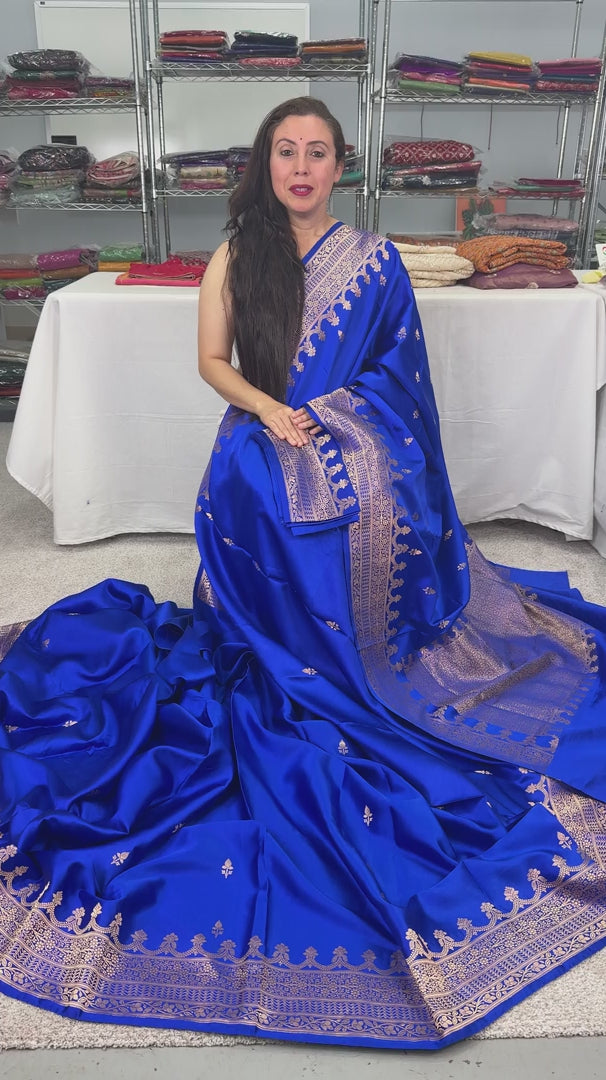 Video of Royal Blue Premium Mashru Banarasi Silk Saree | Traditional Gold Zari.