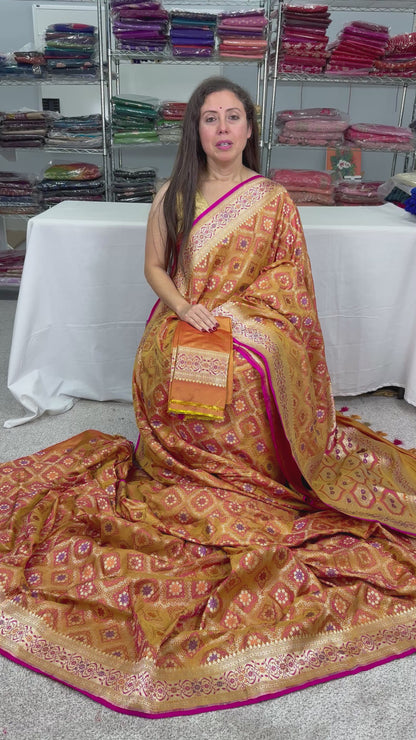 Silk Mark Certified Jangla Banarasi Saree in Coral Orange