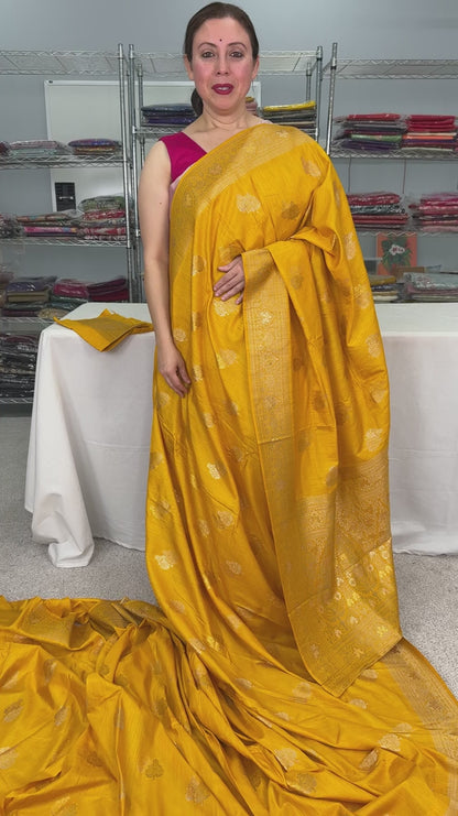 Roshni: Yellow & Gold Semi Tussar Banarasi Silk Saree | Budget-Friendly