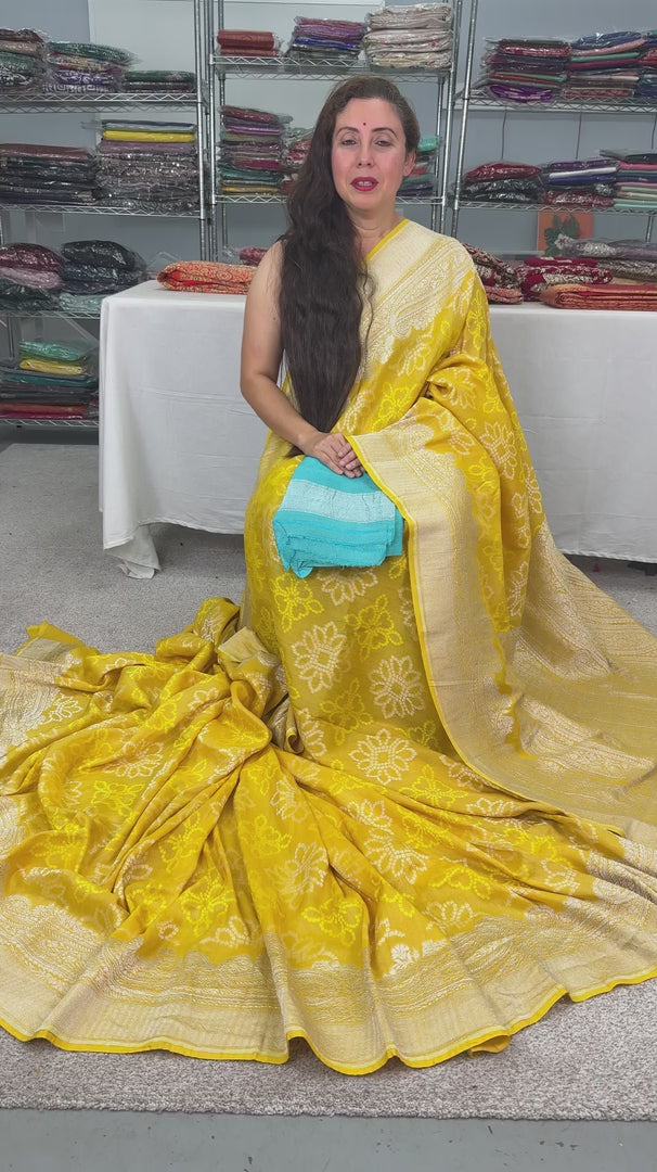 Video of Yellow Bandhani Tussar Georgette Banarasi Saree.