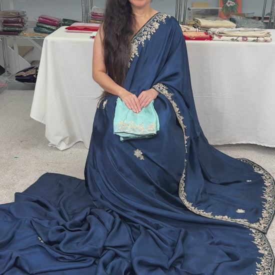 Video of Samaira : Hand Zardosi Embroidery Blue Satin Silk Partywear Saree