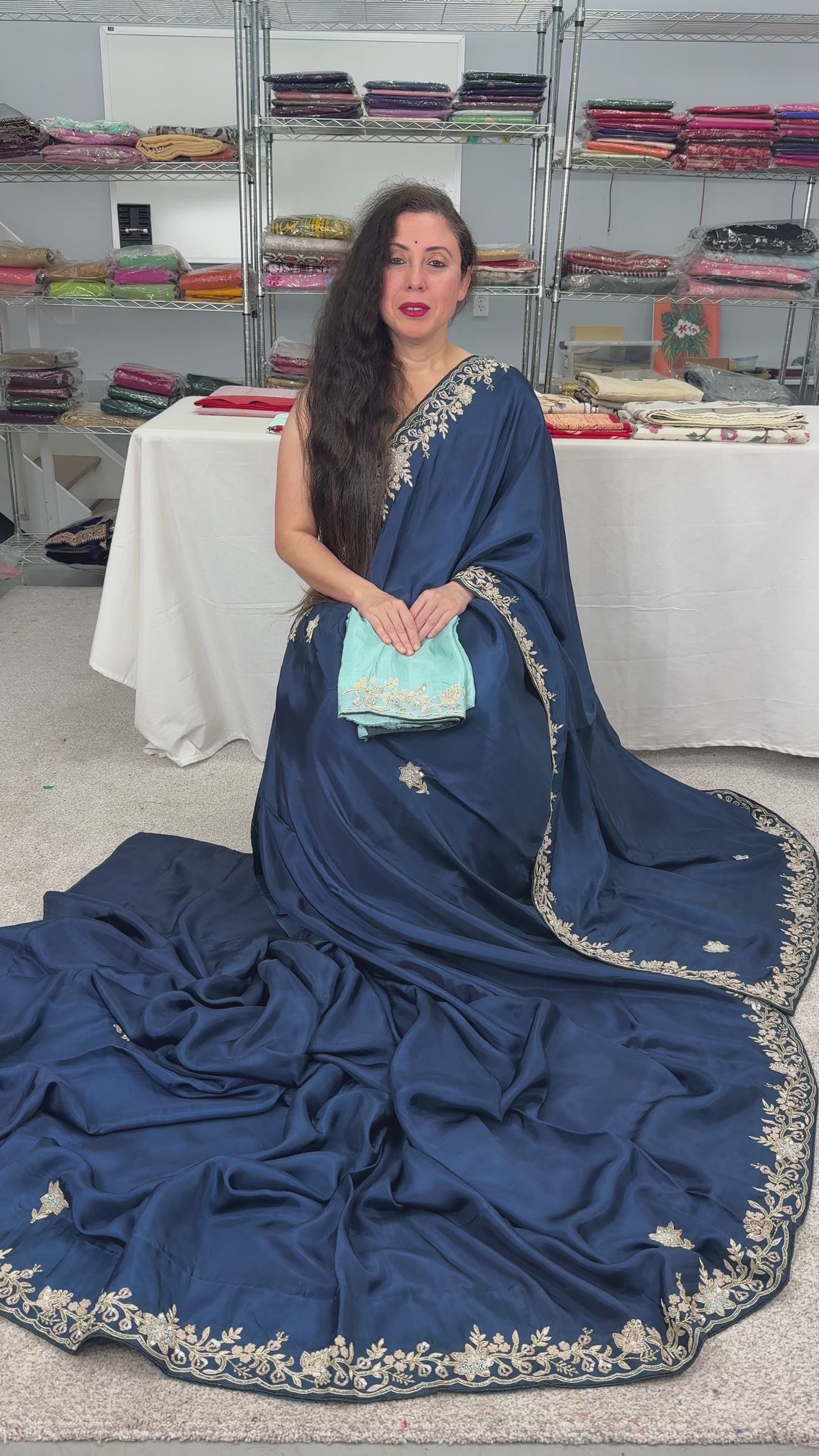 Video of Samaira : Hand Zardosi Embroidery Blue Satin Silk Partywear Saree