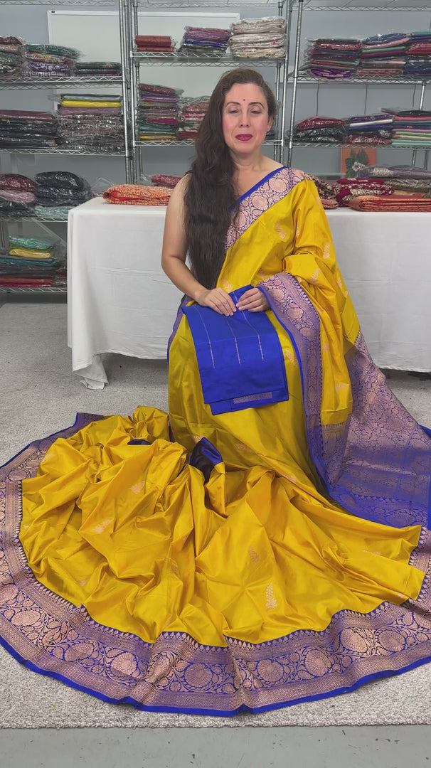 Video of Yellow Pure Katan Banarasi Silk Saree with Gold Zari.