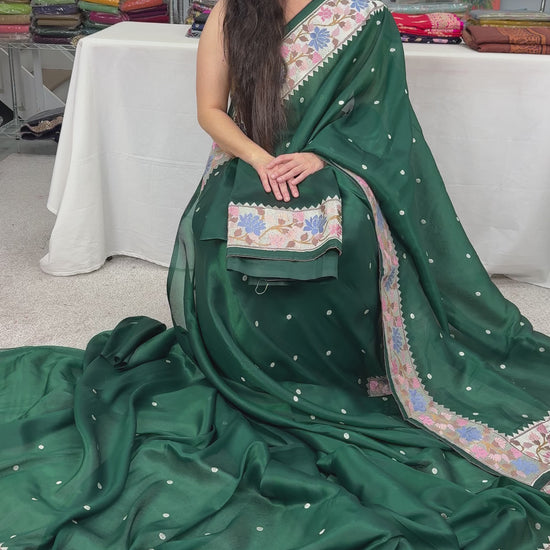 video of Bottle Green Thread Embroidery Party Wear Organza Saree.