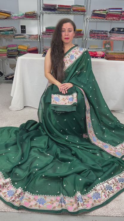 video of Bottle Green Thread Embroidery Party Wear Organza Saree.