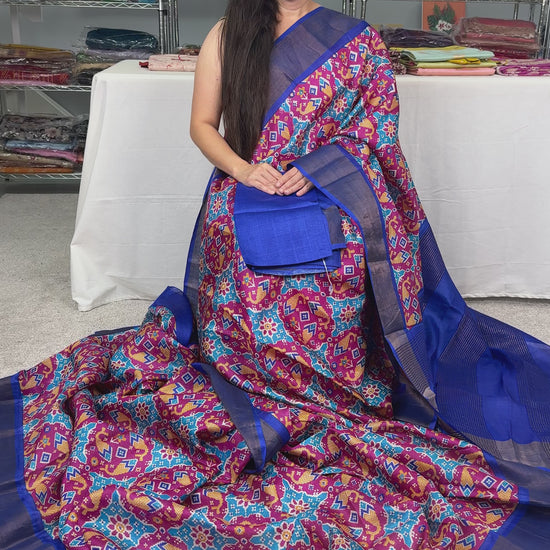Patola Print Tussar Silk Saree - Bengal Hand Block Printed Silk Saree