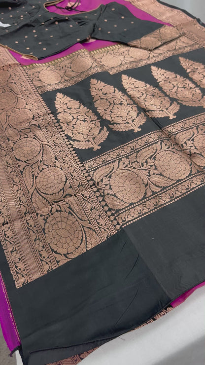 Video of Certified Silk Purplish Pink Banarasi Saree with 38 Size Stitched Blouse.