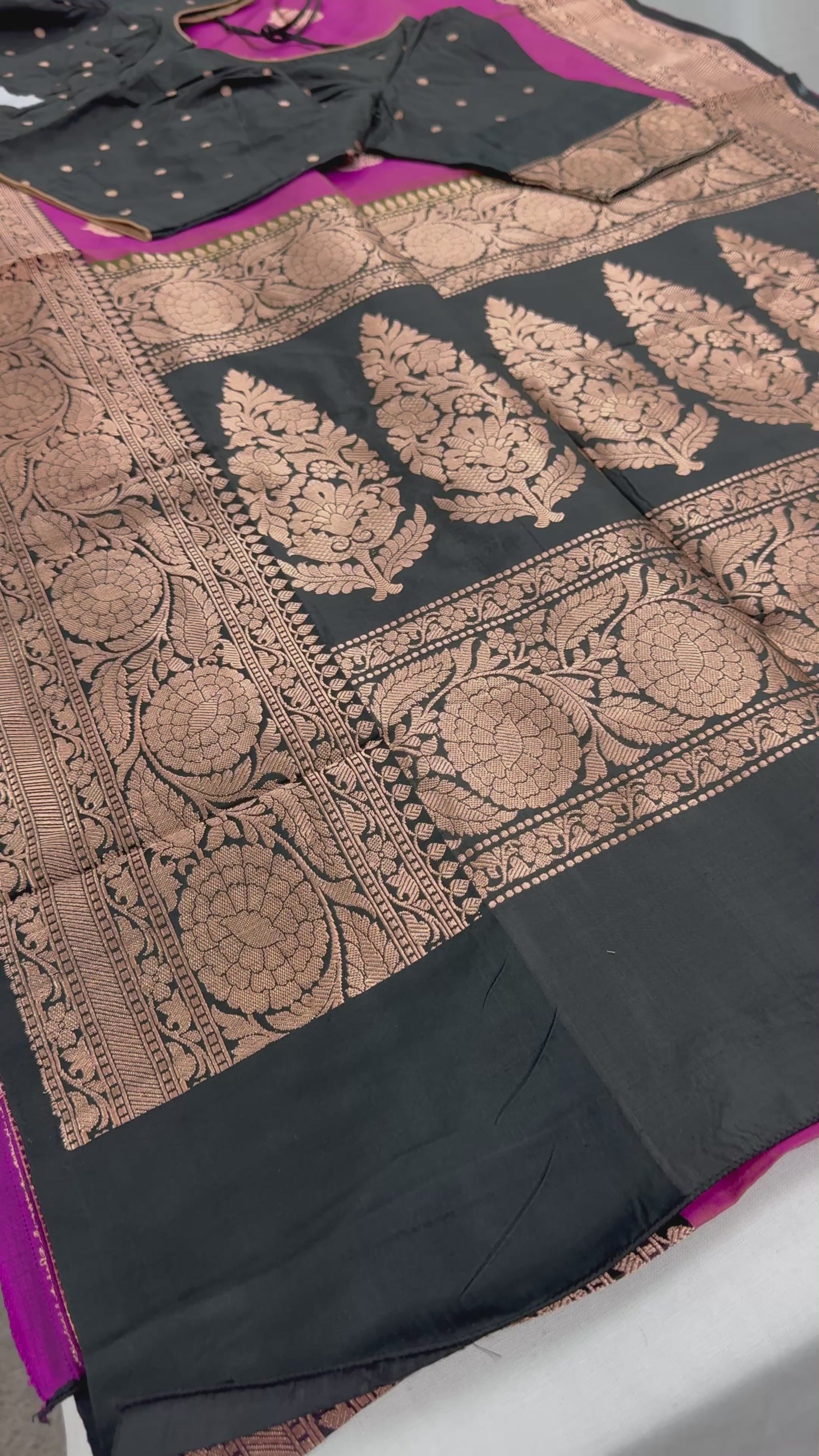 Video of Certified Silk Purplish Pink Banarasi Saree with 38 Size Stitched Blouse.