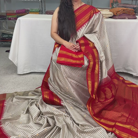 Video of White and Brown Micro Checks Gadwal Silk Saree with Rich Red Zari Border.