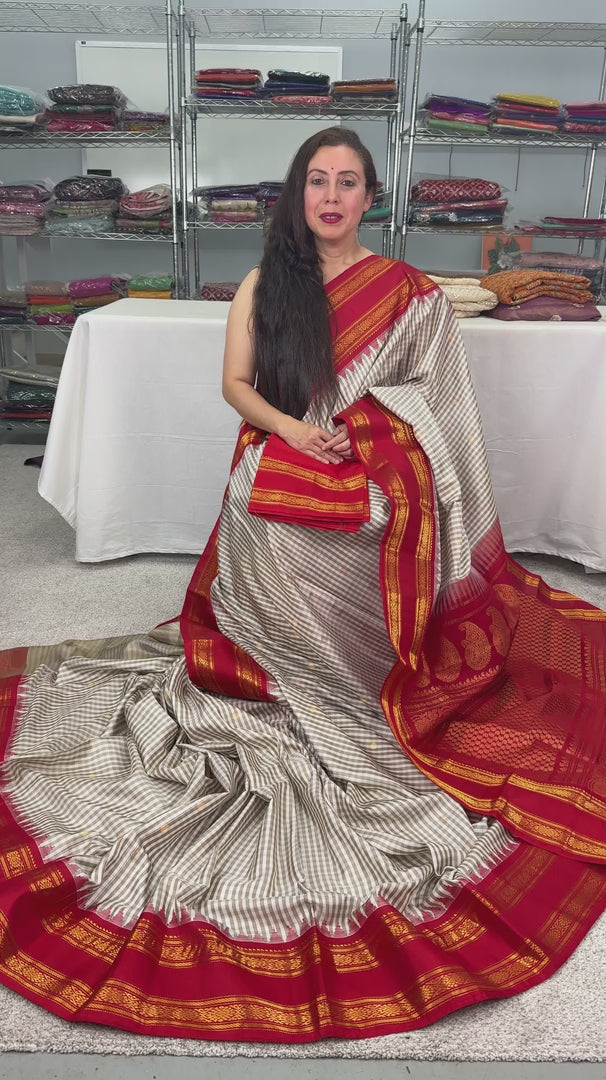 Video of White and Brown Micro Checks Gadwal Silk Saree with Rich Red Zari Border.