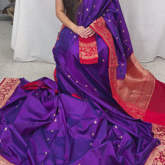 Video of Madhavi : Silk Mark Certified Purple and Red Traditional Silk Banarasi Saree