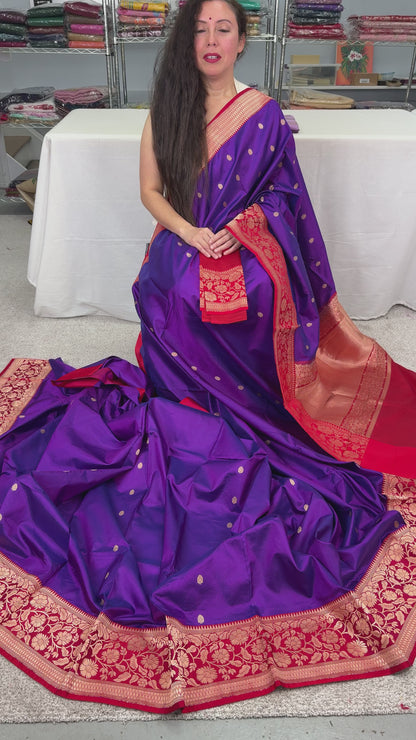 Video of Madhavi : Silk Mark Certified Purple and Red Traditional Silk Banarasi Saree