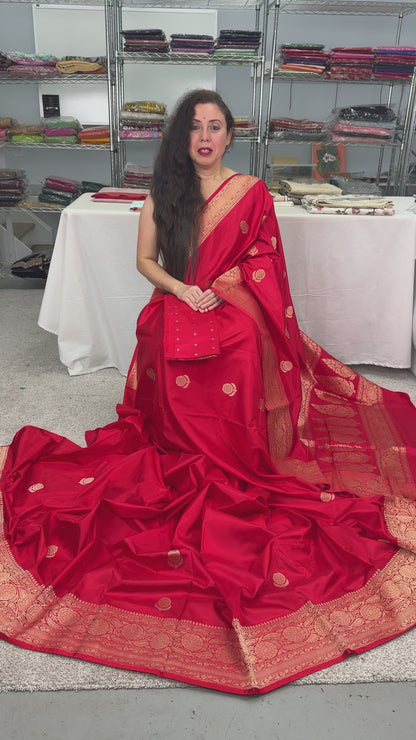 Video of Maya : Silk Mark Certified Bridal Katan Banarasi Silk Saree in Red and Gold