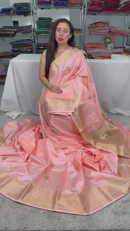 Baby Pink Katan Silk Banarasi Saree with Golden Zari