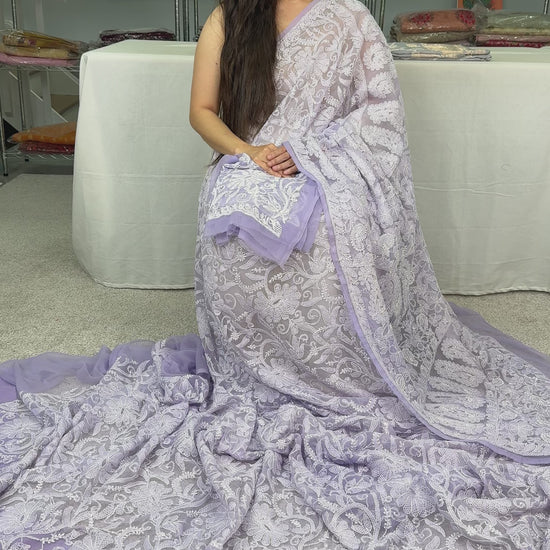 Video of Hand Embroidery Faux Georgette Chikankari Saree in Mauve.